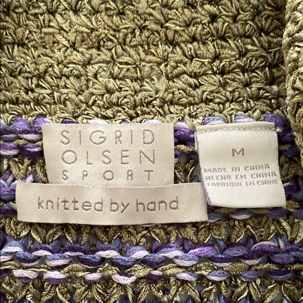 Sigrid Olsen Sport hand knit button front cardigan in olive green and purple - Picture 6 of 7